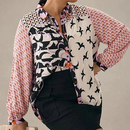 Varelle Print Button Up in black - worn by a model, front view