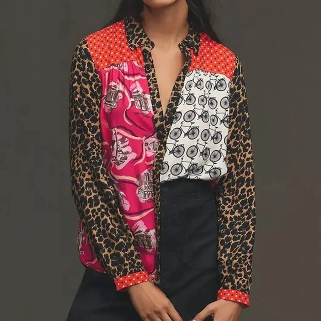 Varelle Print Button Up in pink - worn by a model, front view