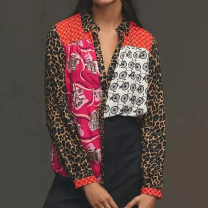 Varelle Print Button Up in pink - worn by a model, front view