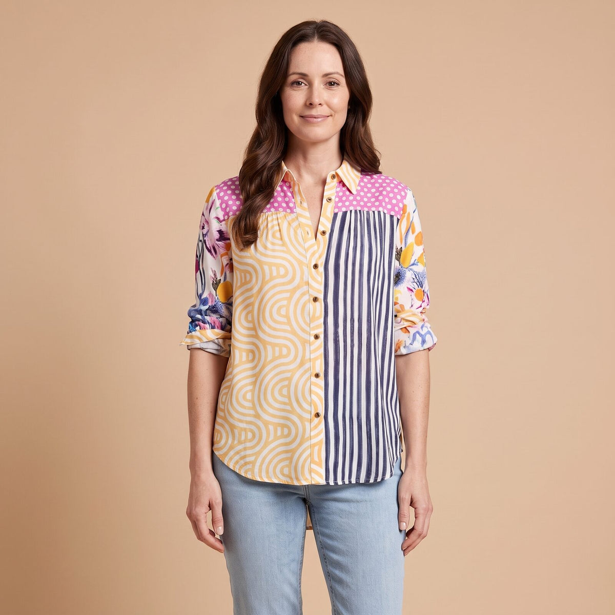 Varelle Print Button Up in yellow - front view
