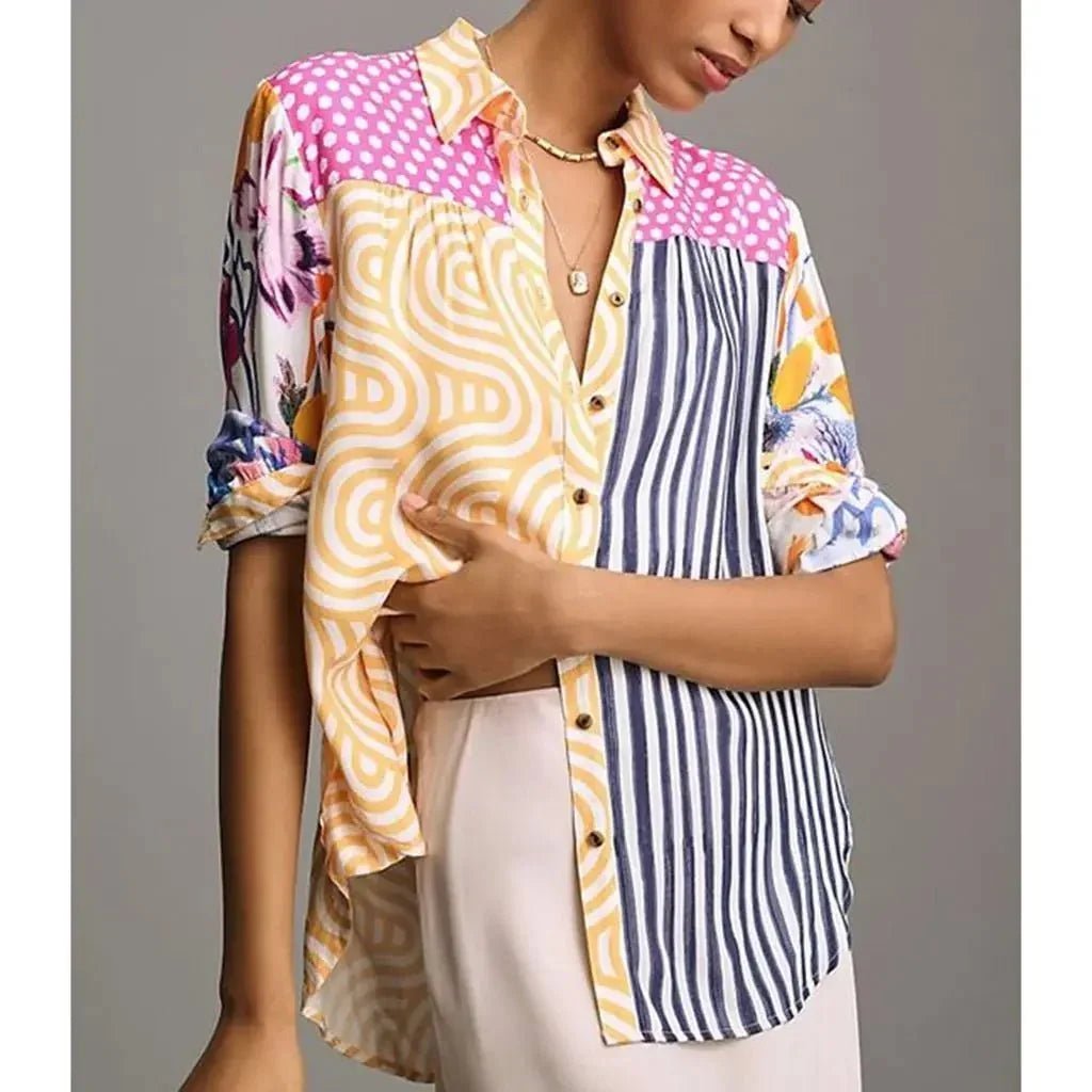 Varelle Print Button Up in yellow - worn by a model, front view