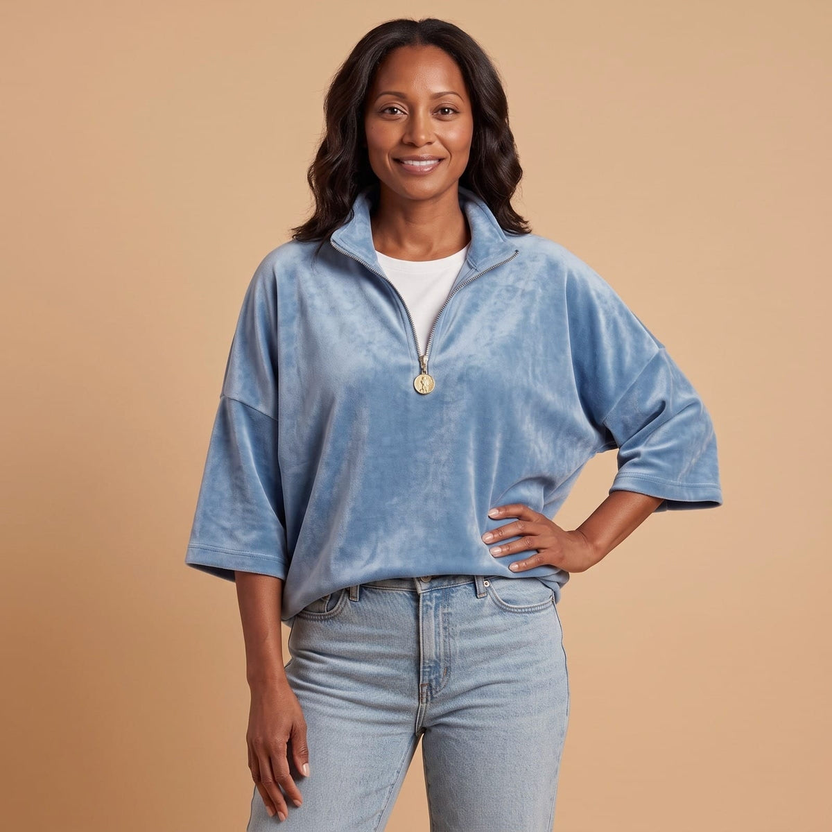 Quarter Zip Sweater in Velvet, Relaxed Dropped Shoulder Top 1