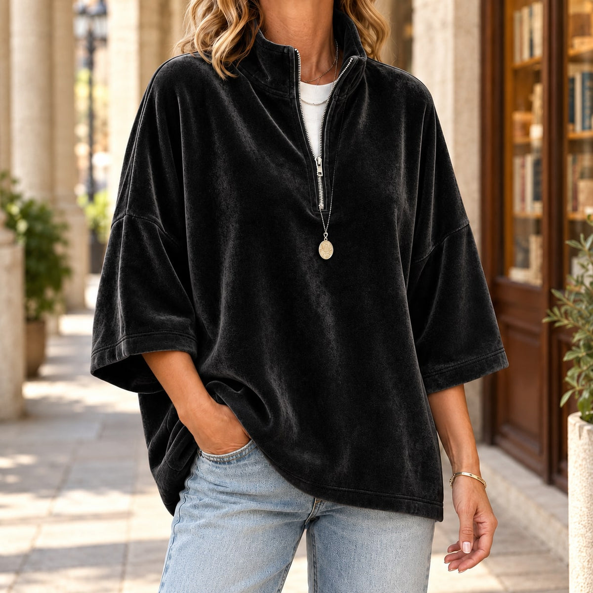 Quarter Zip Sweater in Velvet, Relaxed Dropped Shoulder Top 2