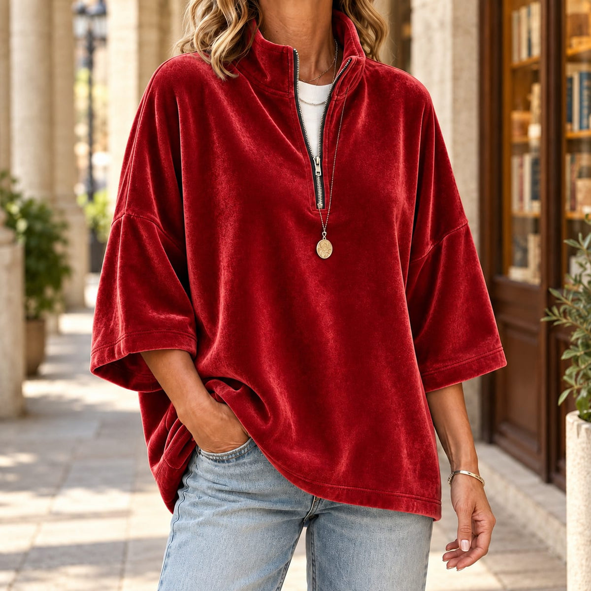 Quarter Zip Sweater in Velvet, Relaxed Dropped Shoulder Top 4