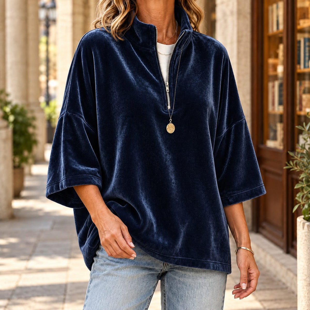 Quarter Zip Sweater in Velvet, Relaxed Dropped Shoulder Top 5