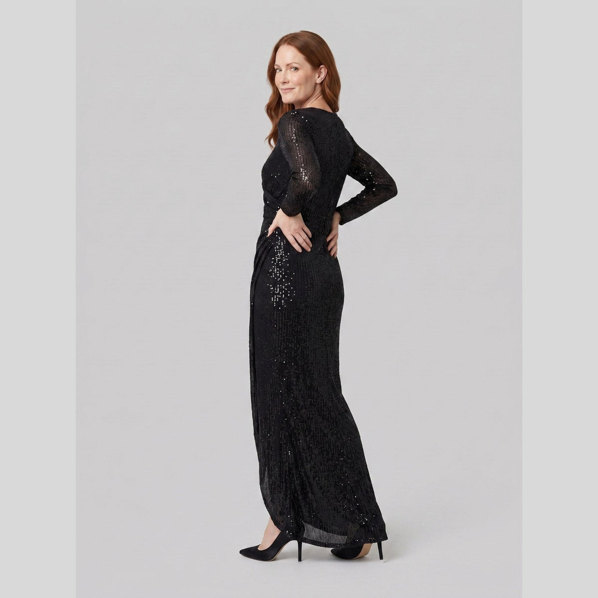 Vesper Sequin Gown with High Slit in black - front view