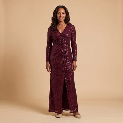 Vesper Sequin Gown with High Slit in burgundy - front view