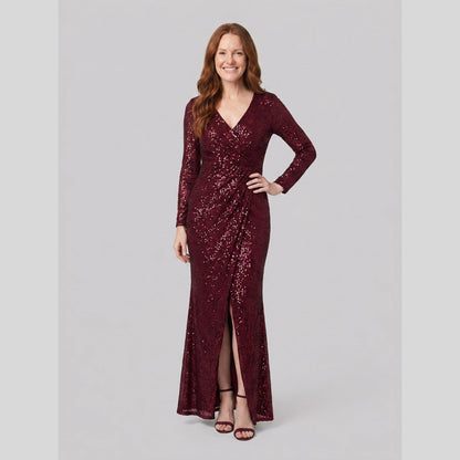 Vesper Sequin Gown with High Slit in burgundy - worn by a model, front view