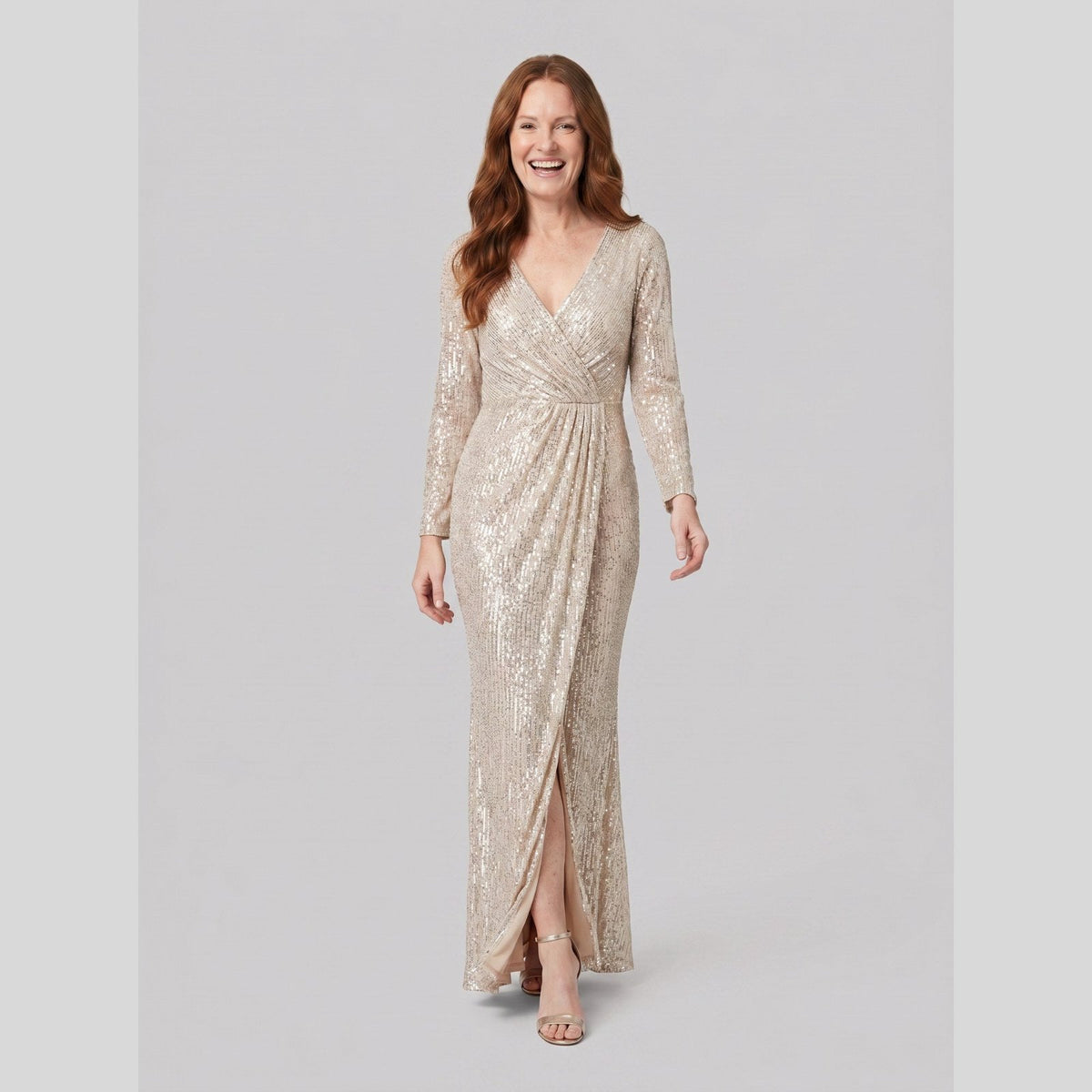 Vesper Sequin Gown with High Slit in champagne - front view