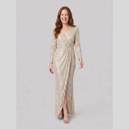 Vesper Sequin Gown with High Slit in champagne - front view