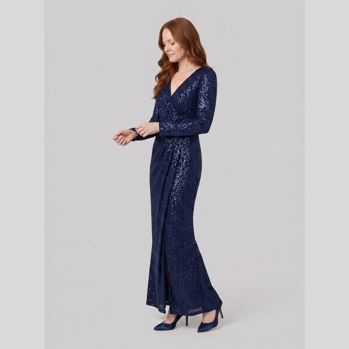 Vesper Sequin Gown with High Slit in navy blue - front view