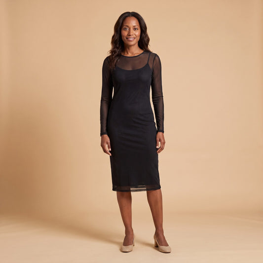 Vitre Sheer Mesh Bodycon Midi Dress in Black - front view