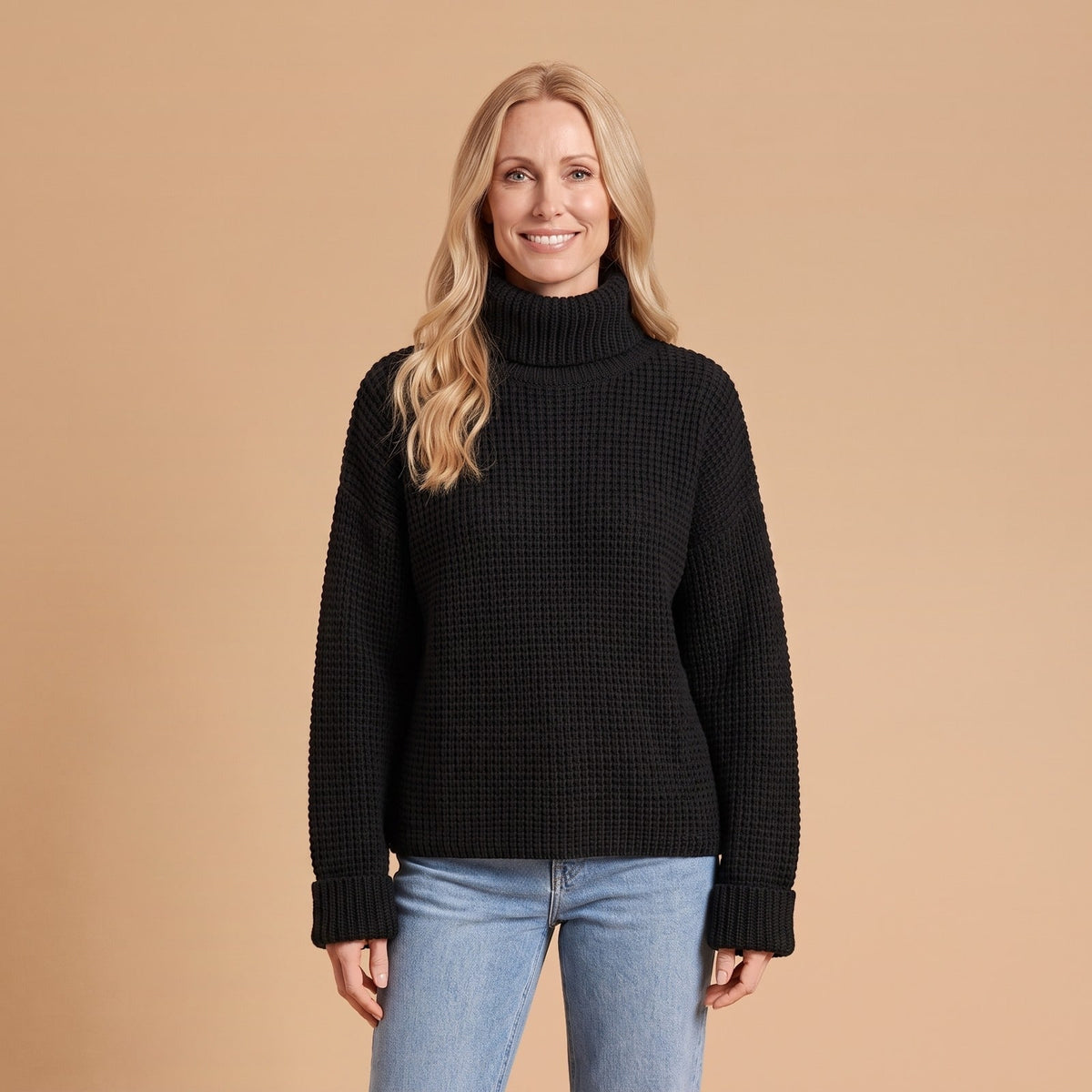 Waffle Knit Turtleneck Sweater, Oversized Winter Jumper 1