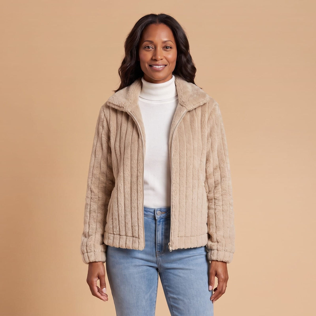 Fleece Zip-Up Cardigan with High Collar and Pockets 1