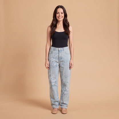 Washed Print Baggy Jeans, Relaxed Straight Leg Denim 1
