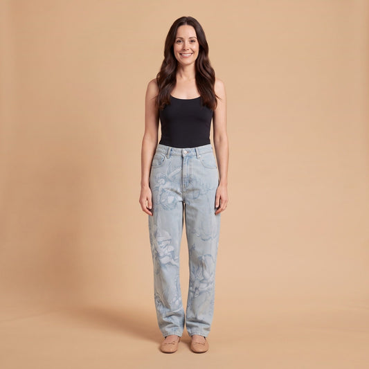 Washed Print Baggy Jeans, Relaxed Straight Leg Denim 1