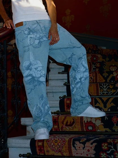 Washed Print Baggy Jeans, Relaxed Straight Leg Denim 2