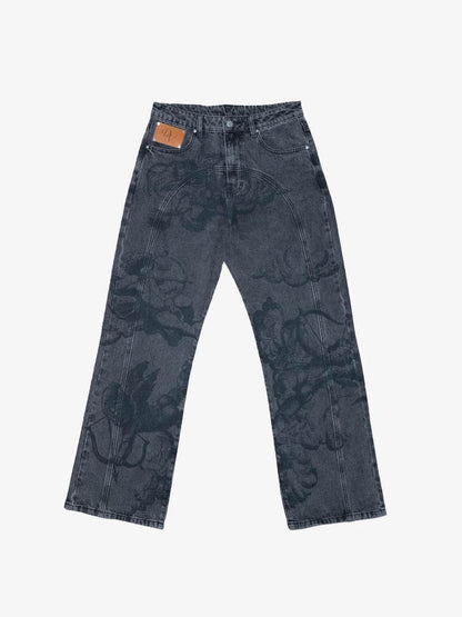 Washed Print Baggy Jeans, Relaxed Straight Leg Denim 7