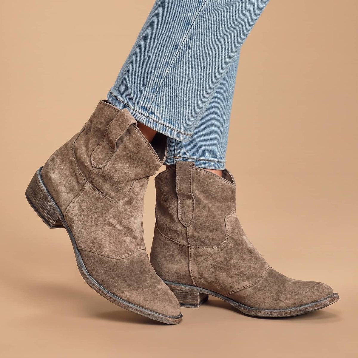 Pointed Toe Ankle Boots, Slouchy Suede Look Western Booties