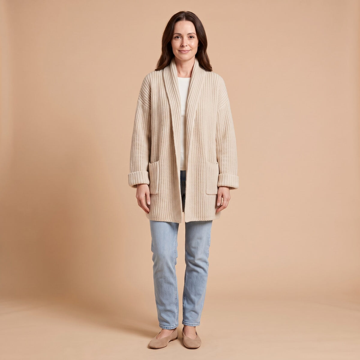 Winnie Longline Knit Cardigan with Pockets in beige - front view