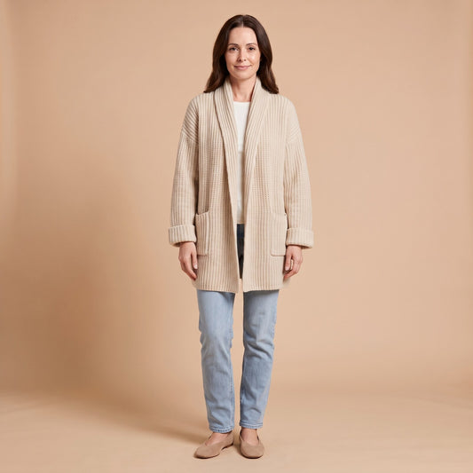 Winnie Longline Knit Cardigan with Pockets in Beige - front view