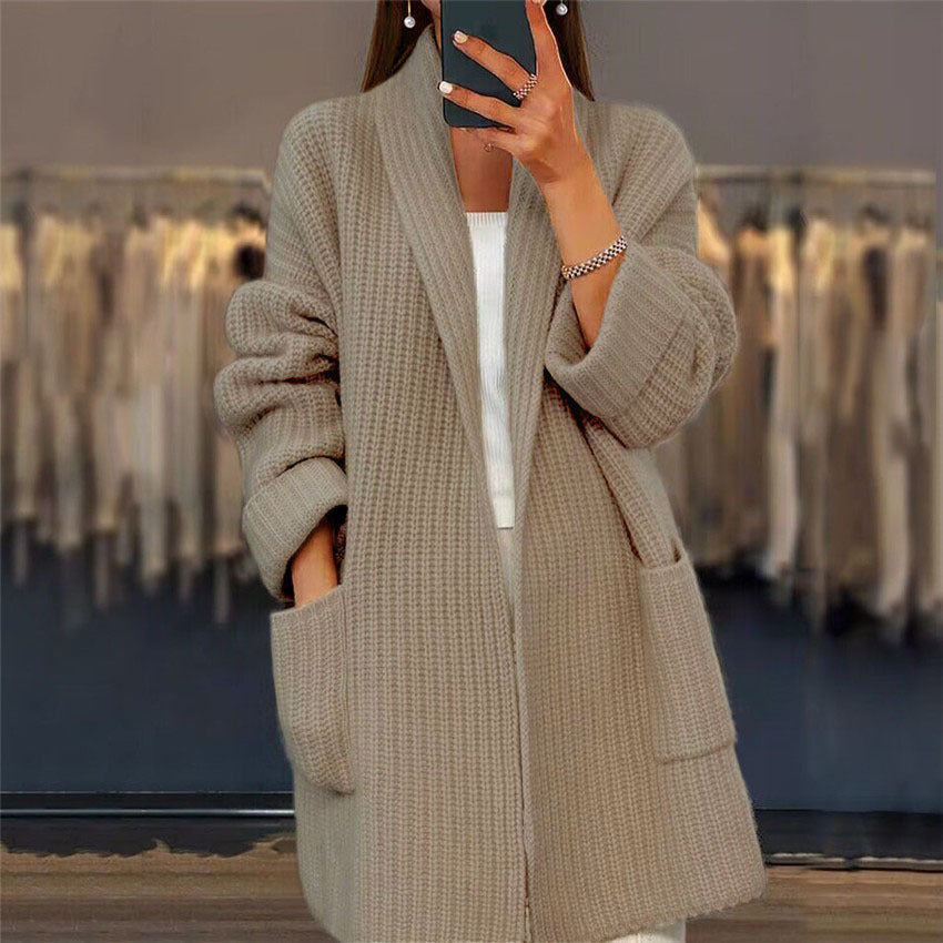 Winnie Longline Knit Cardigan with Pockets in camel beige - worn by a model, front view