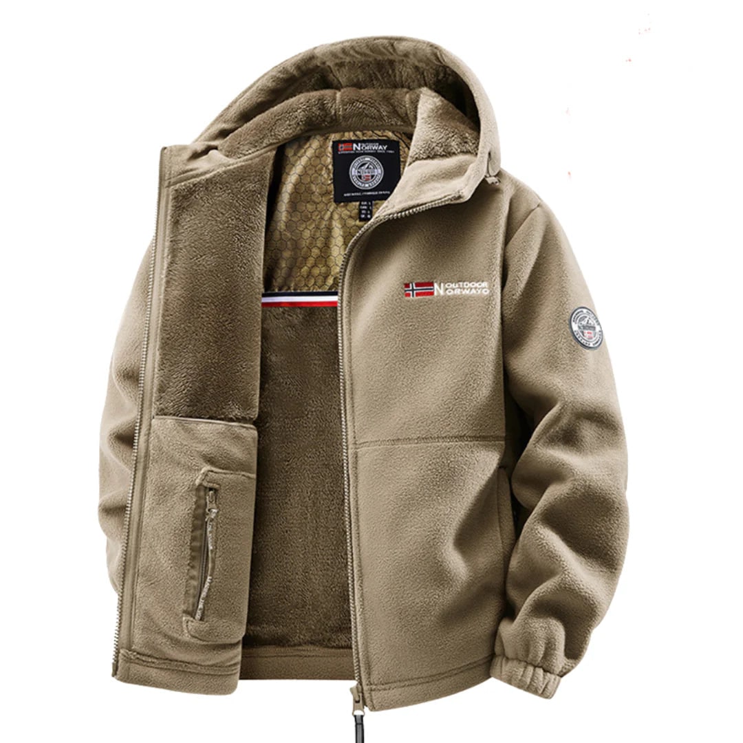Beige winter comfort fleece jacket with hood and warm lining 1