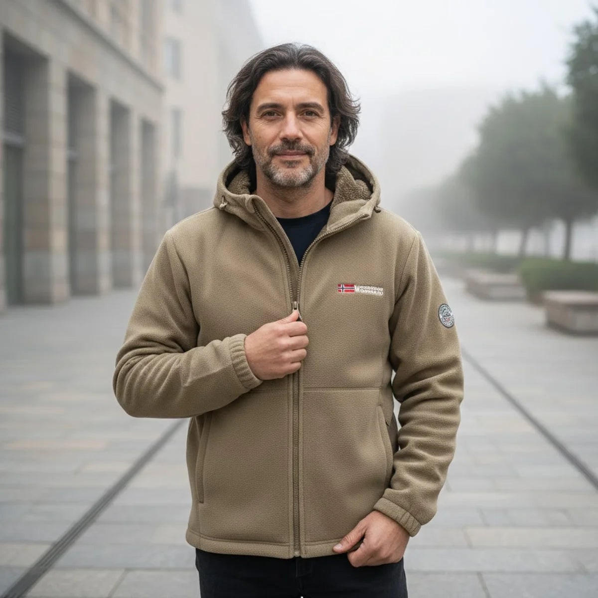 Beige winter comfort fleece jacket with hood 2