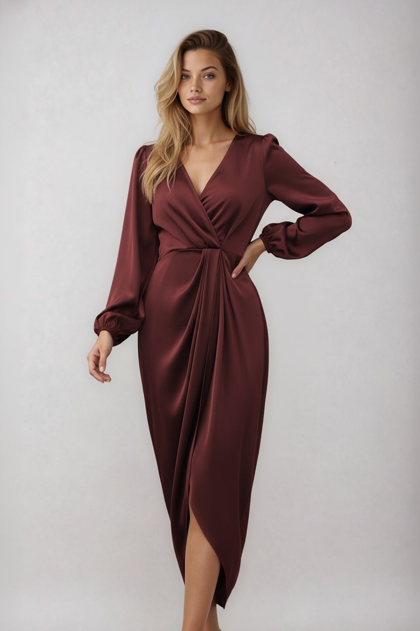 Burgundy long sleeve wrap dress with V-neck 1