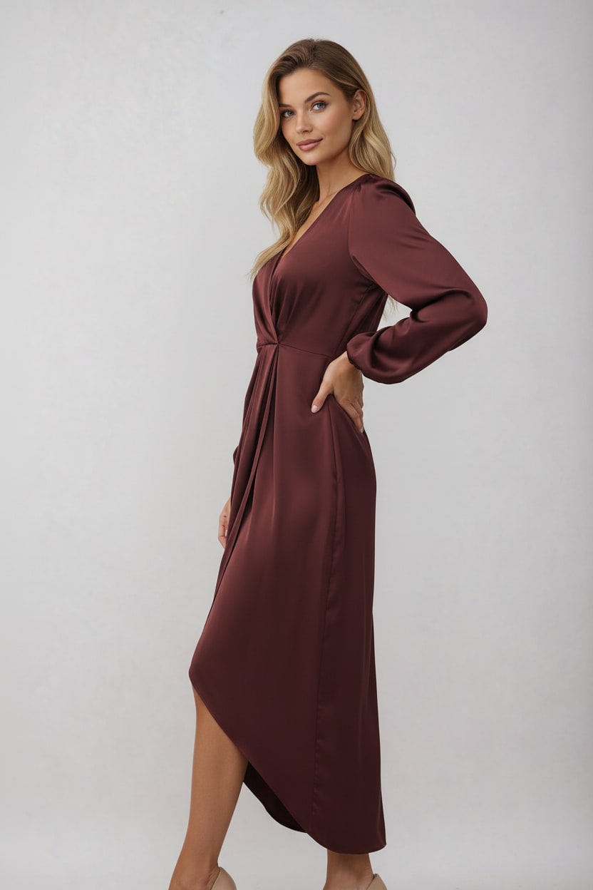 Burgundy wrap dress worn with hand on hip 2