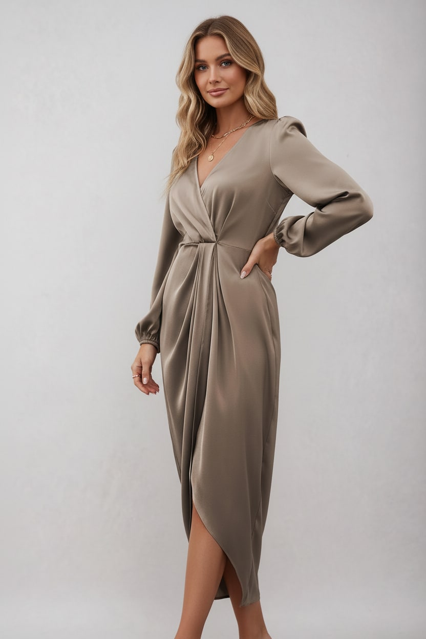Beige long sleeve wrap dress with V-neck 3