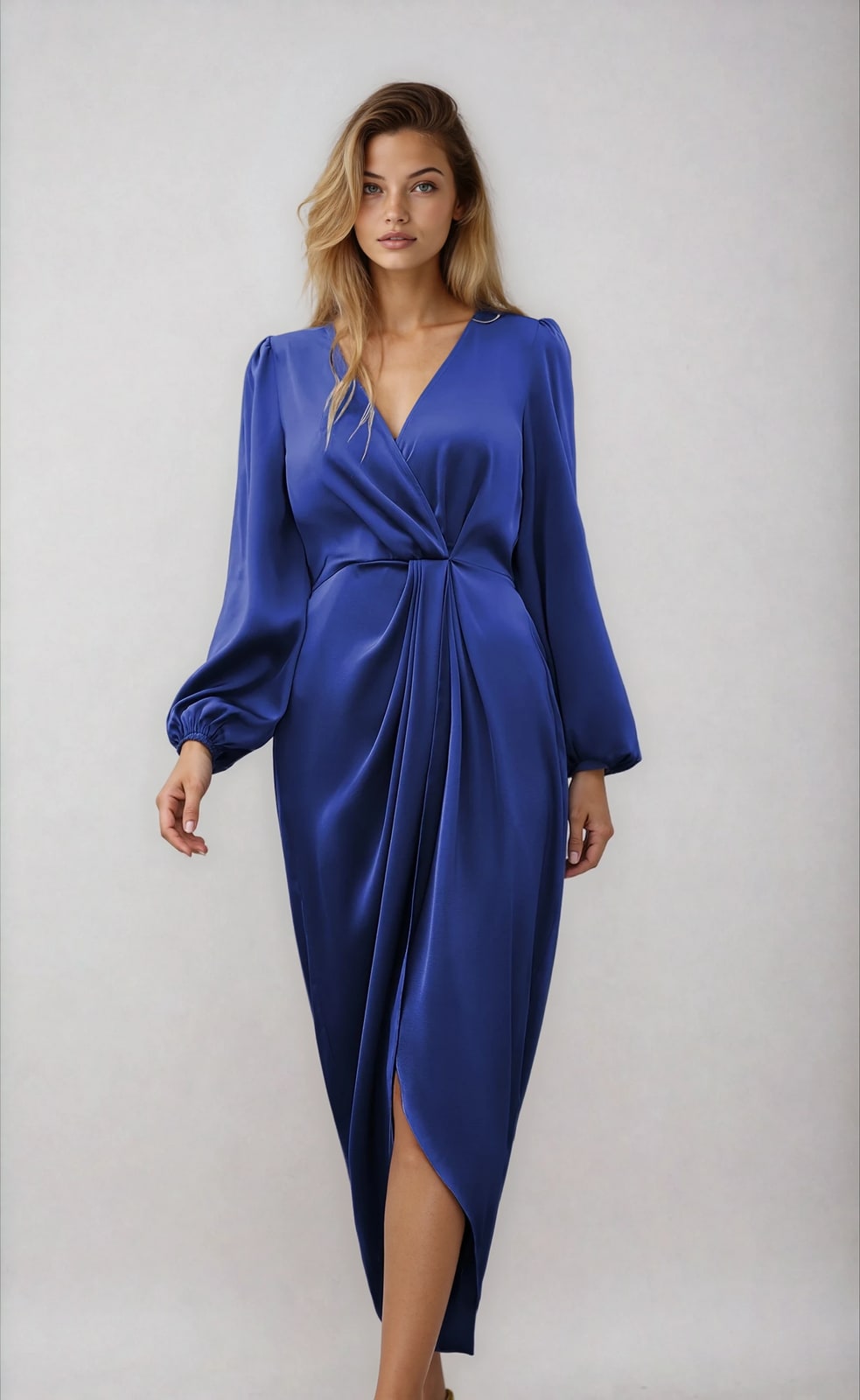 Blue long sleeve wrap dress with V-neck 5