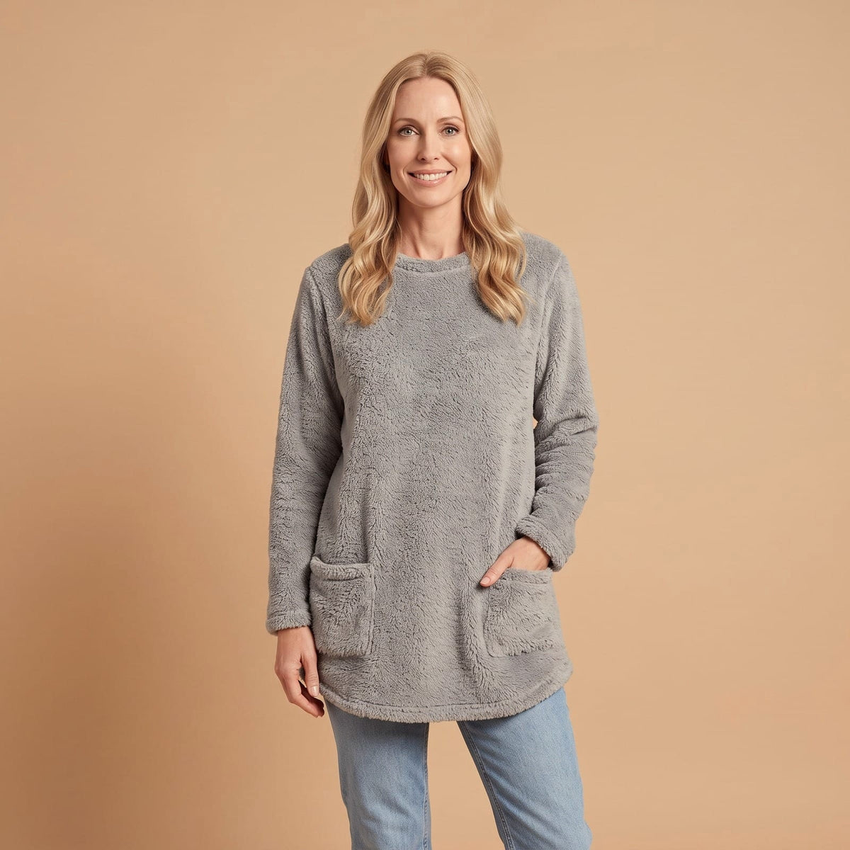 Winter Loungewear Fleece Top, Crew Neck Tunic with Pockets 1