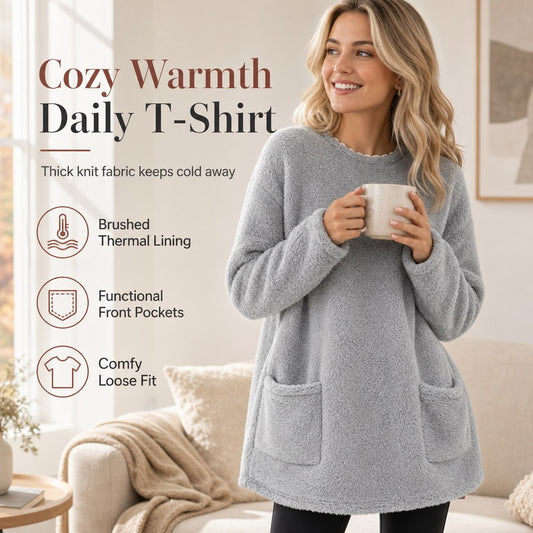 Winter Loungewear Fleece Top, Crew Neck Tunic with Pockets 1