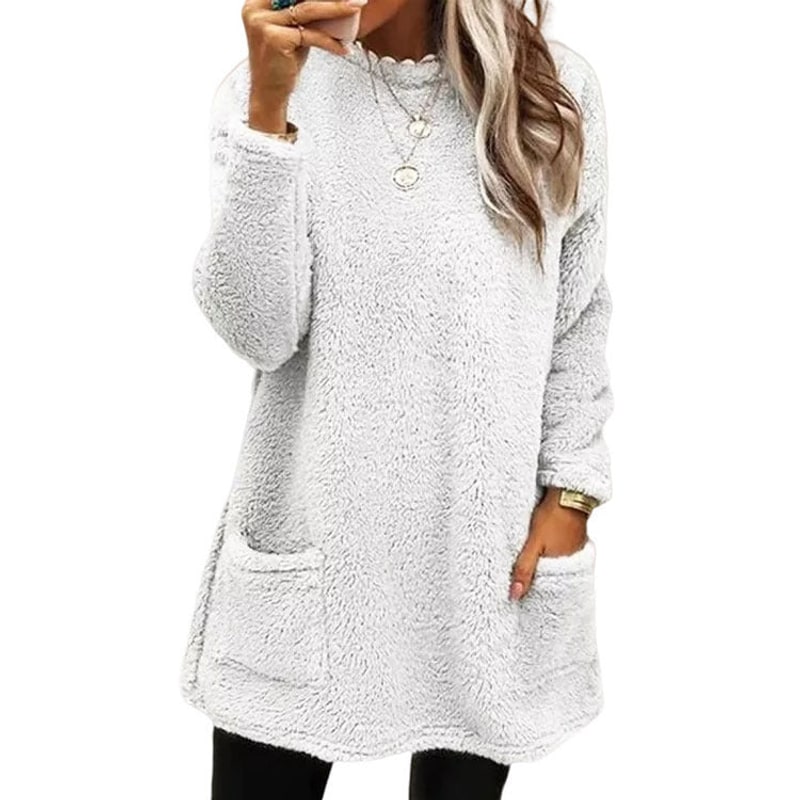 Winter Loungewear Fleece Top, Crew Neck Tunic with Pockets 2