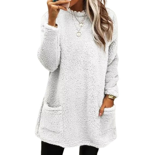 Winter Loungewear Fleece Top, Crew Neck Tunic with Pockets 2