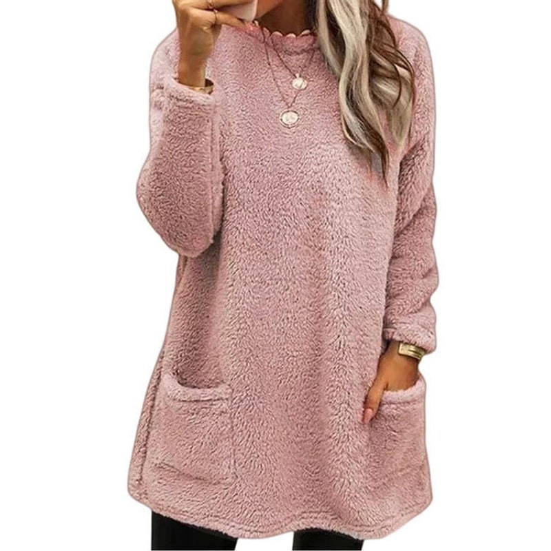 Winter Loungewear Fleece Top, Crew Neck Tunic with Pockets 3