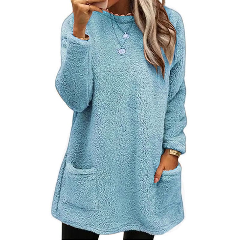Winter Loungewear Fleece Top, Crew Neck Tunic with Pockets 4