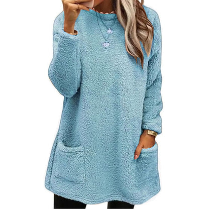 Winter Loungewear Fleece Top, Crew Neck Tunic with Pockets 4