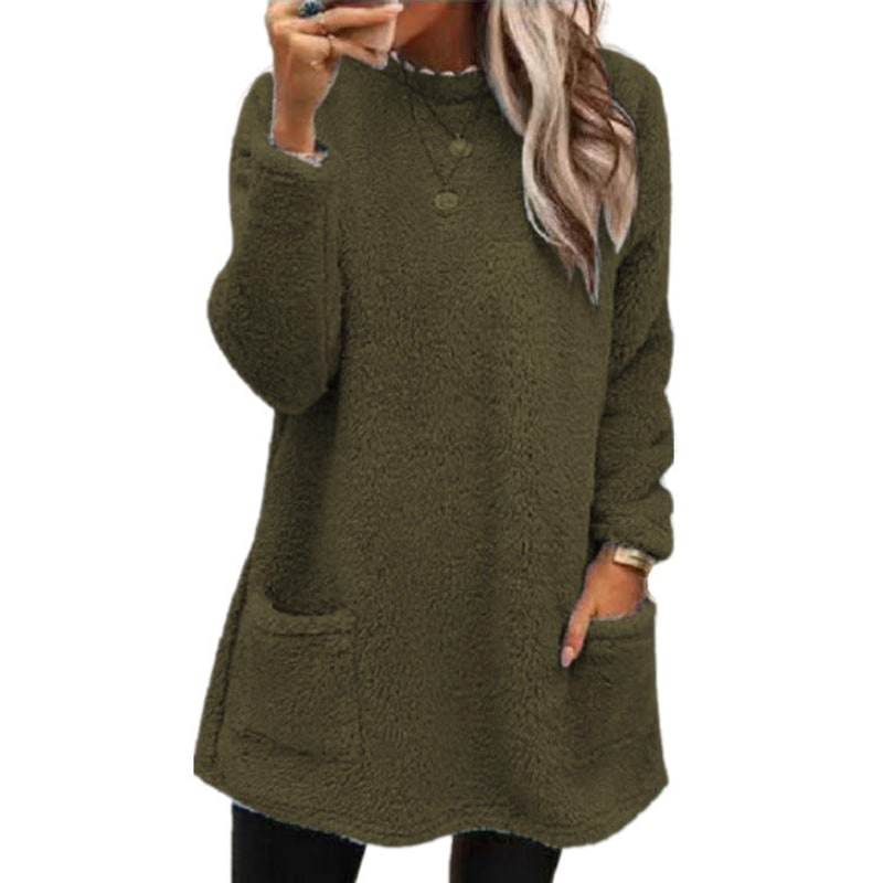 Winter Loungewear Fleece Top, Crew Neck Tunic with Pockets 5