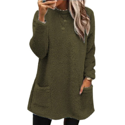 Winter Loungewear Fleece Top, Crew Neck Tunic with Pockets 5
