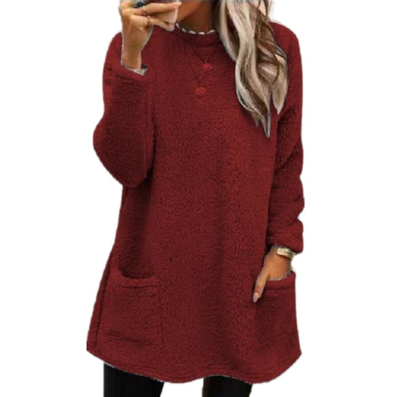 Winter Loungewear Fleece Top, Crew Neck Tunic with Pockets 6