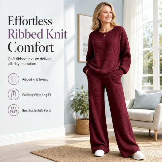 Winter Loungewear Ribbed Knit Set, Relaxed Two Piece Set 1