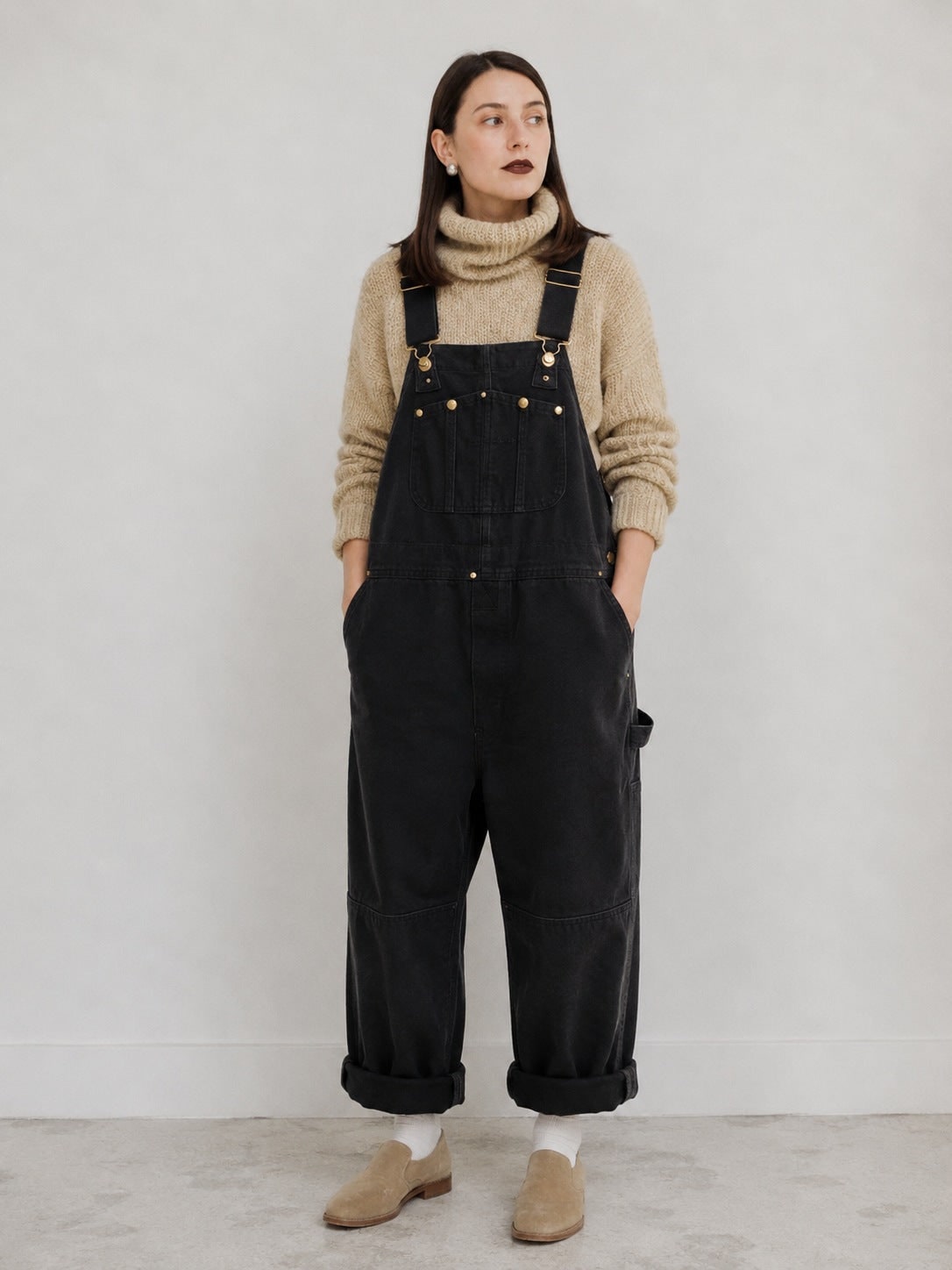 Black canvas bib overalls, front view 5
