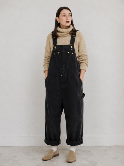 Black canvas bib overalls, front view 5