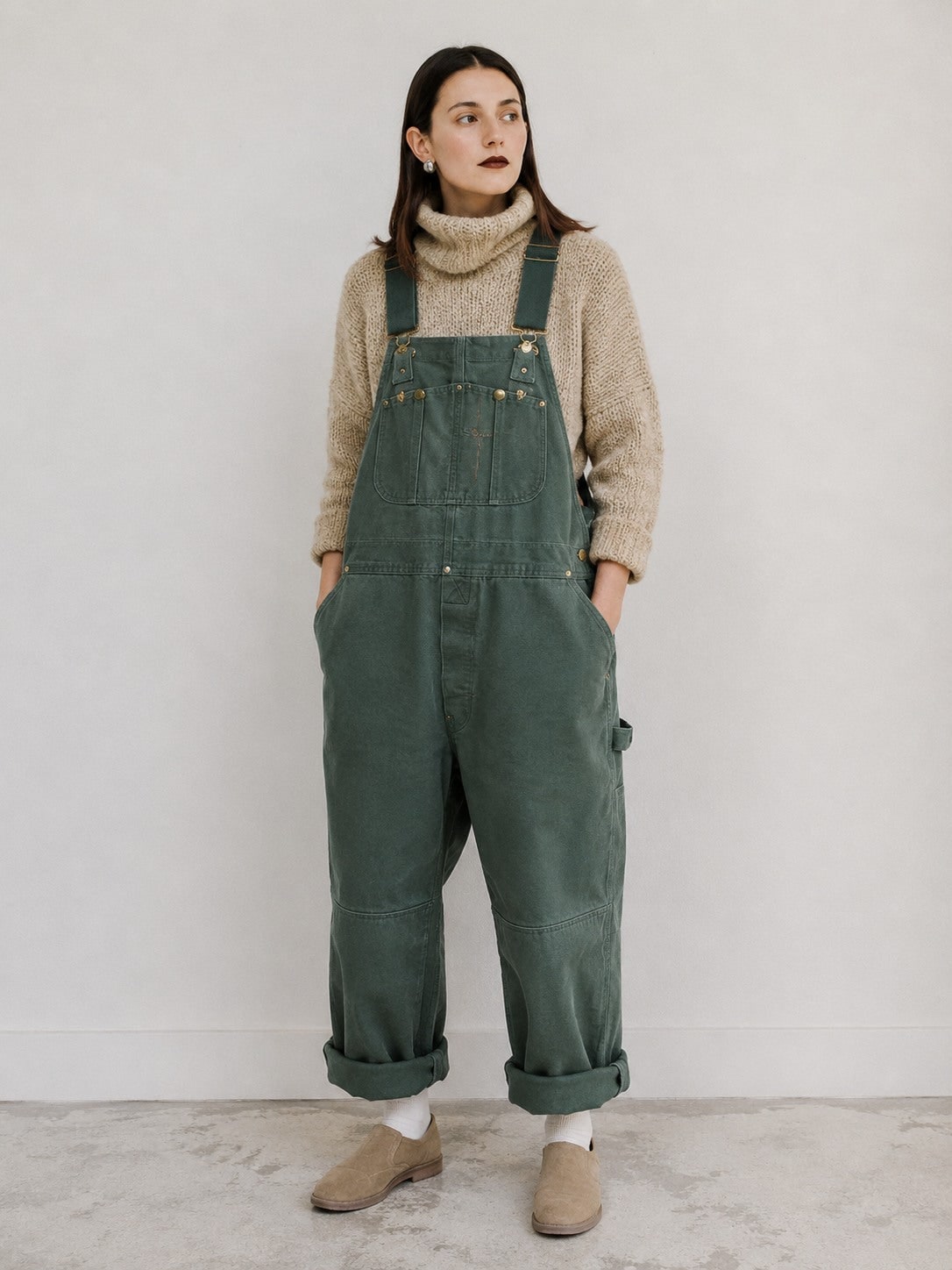 Green canvas bib overalls, front view 6