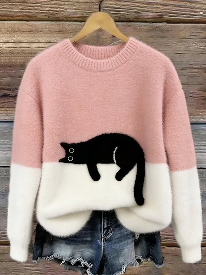 Pink and white cat print sweater 2