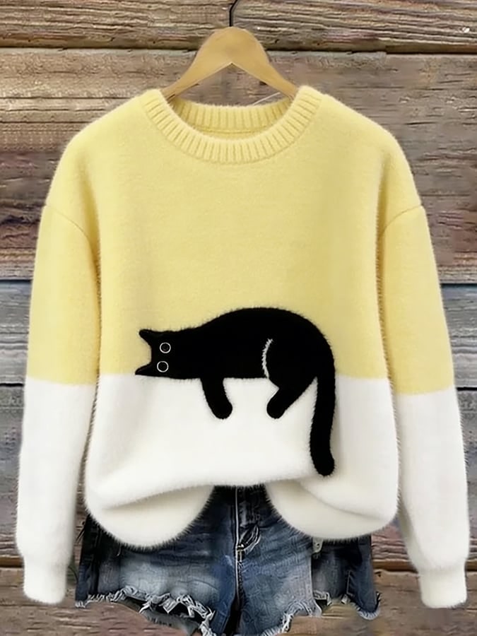 Yellow and white cat print sweater 5