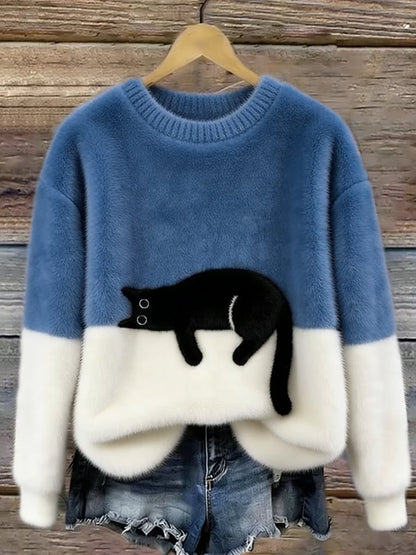 Blue and white cat print sweater 7