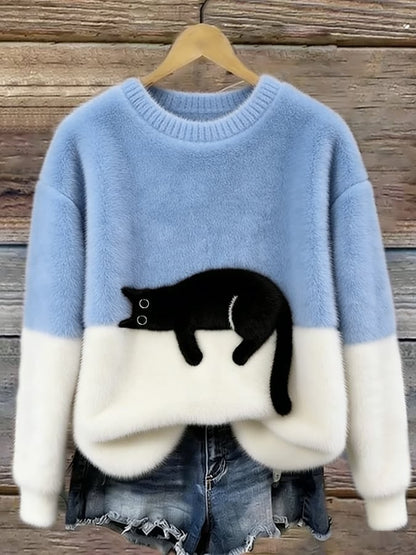 Sky blue and white cat print sweater 8